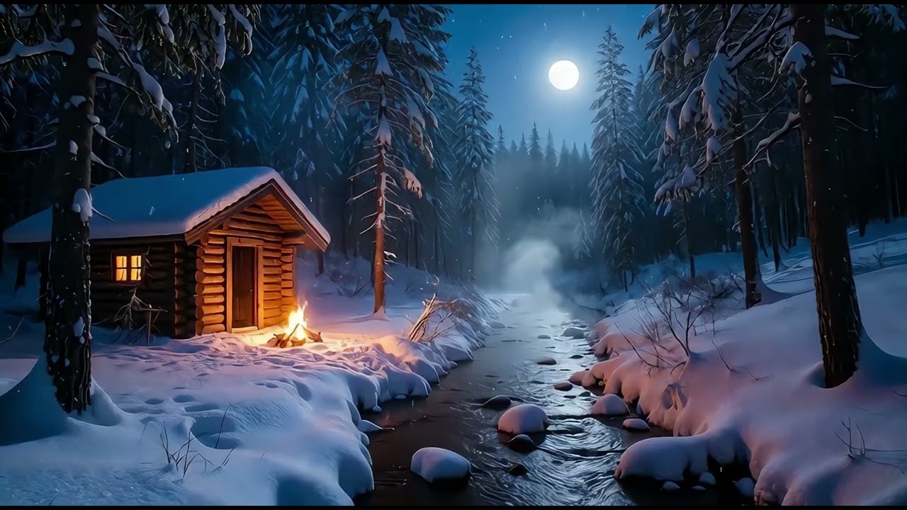Snowy Forest Stream with Warm Cabin Fire | Cozy Winter Night for Sleep