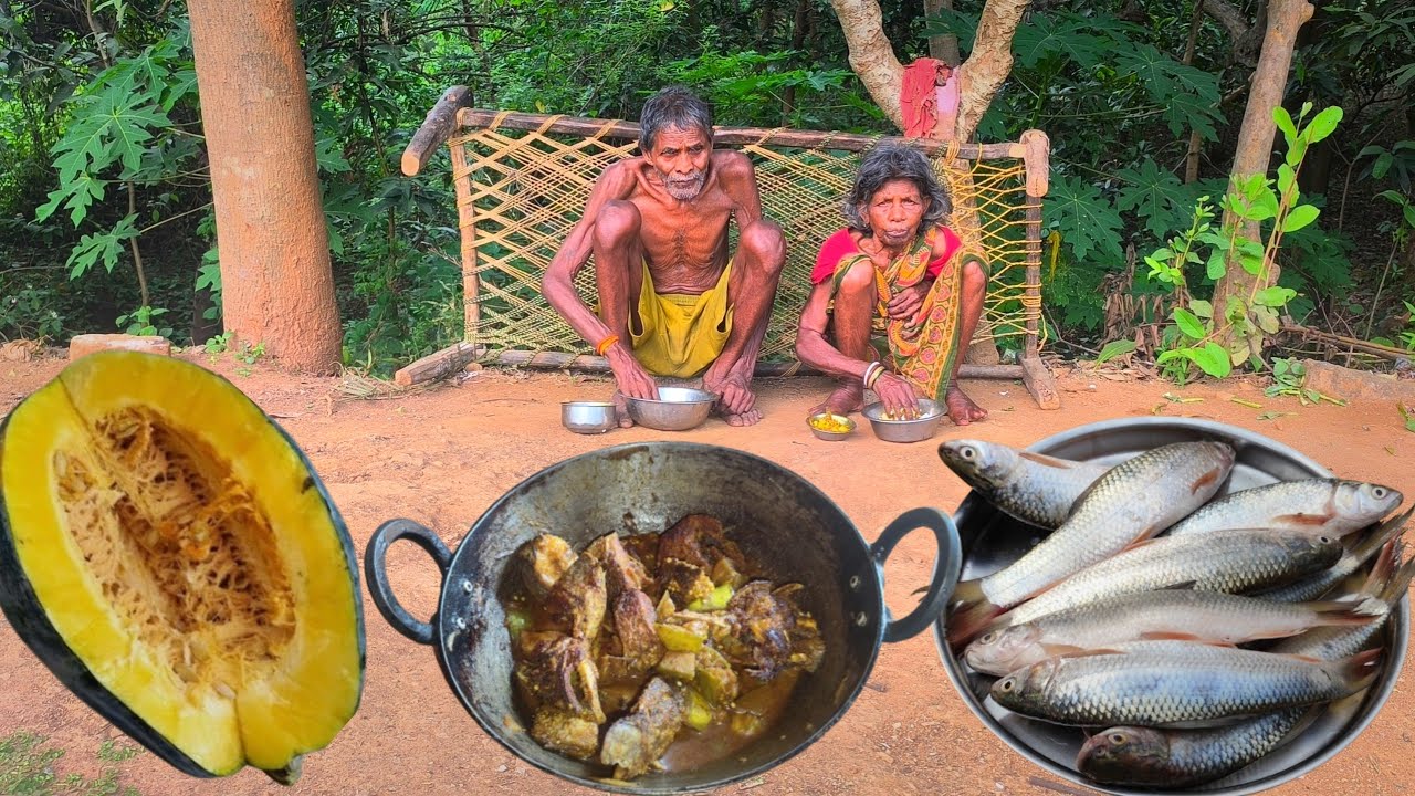 100years old poor grandma cooking FISH CURRY and eating || traditional lifestyle of tribe people 
