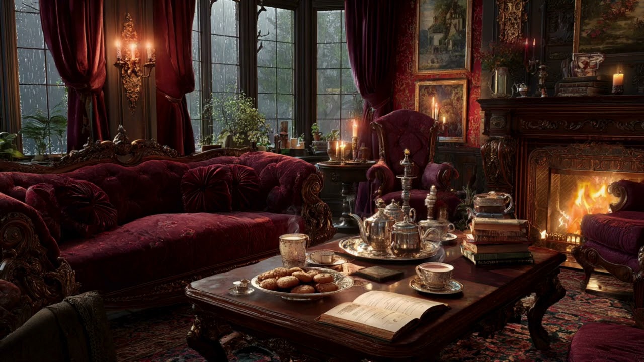 Victorian Drawing Room - Classical Chopin Piano Music with Fireplace and Rain, Cozy Ambient Render