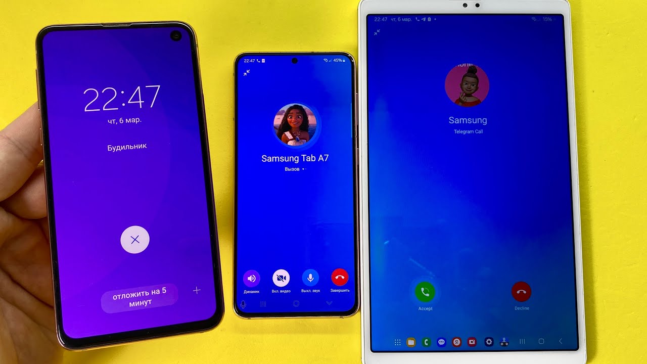 Incoming Call Samsung S21 vs Samsung Tab A7 vs Galaxy S10E Sky Phone vs Telegram