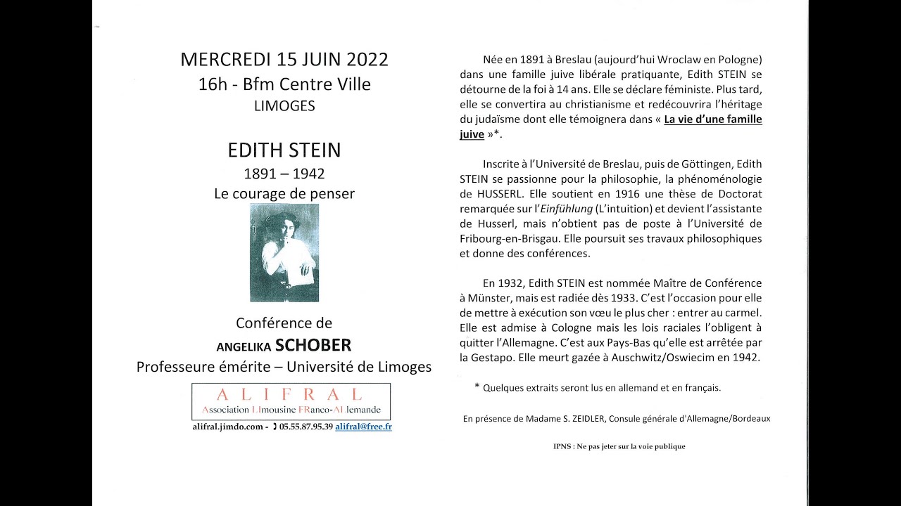 Conférence : " Édith Stein (1891-1942), le courage de penser "