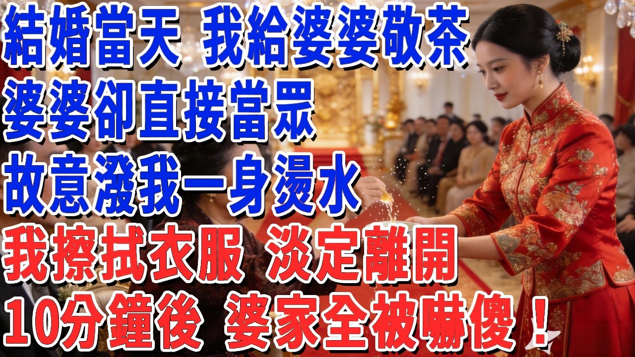 結婚當天 我給婆婆敬茶，婆婆卻直接當眾，故意潑我一身燙水，我擦拭衣服 淡定離開，10分鐘後 婆家全被嚇傻！#妮妮故事會 #情感故事 #老年生活