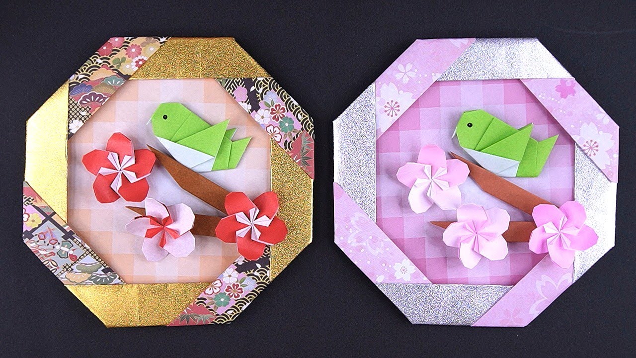 折り紙 うぐいすと梅の花のリース 折り方 Origami Warbler bird and plum flower wreath tutorial（NiceNo1）