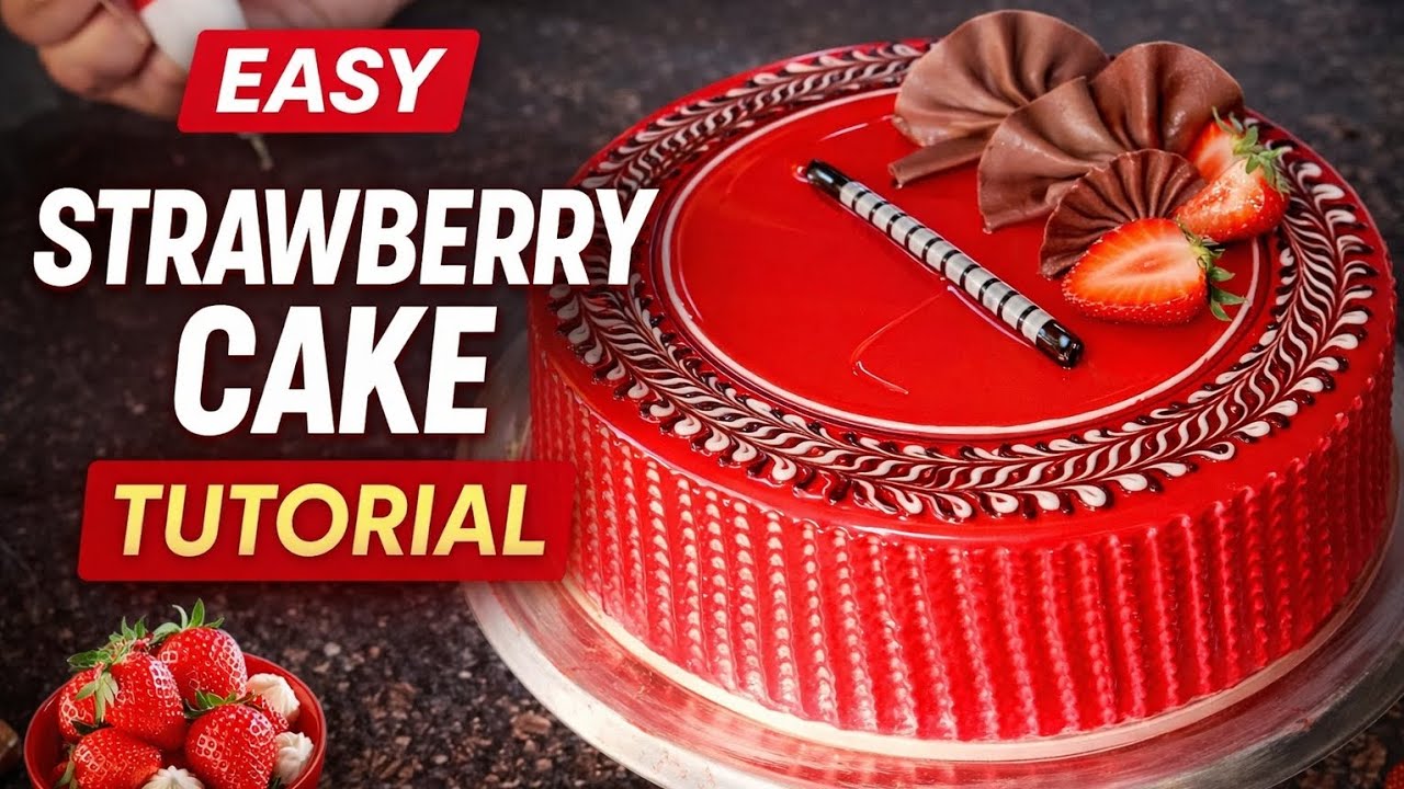 Strawberry cake tutorial 🍓✨ easy n simple design | ideas  #stawberry #cake #satisfying #video 