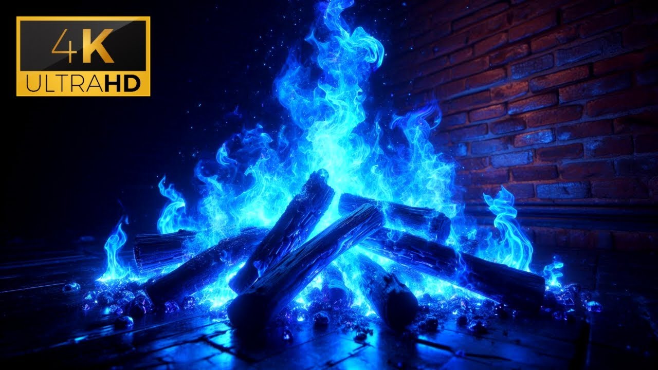 🔥 Beautiful BLUE FIREPLACE 4K! Magic Fireplace Burning with Blue Flames on a Cold Winter Night!