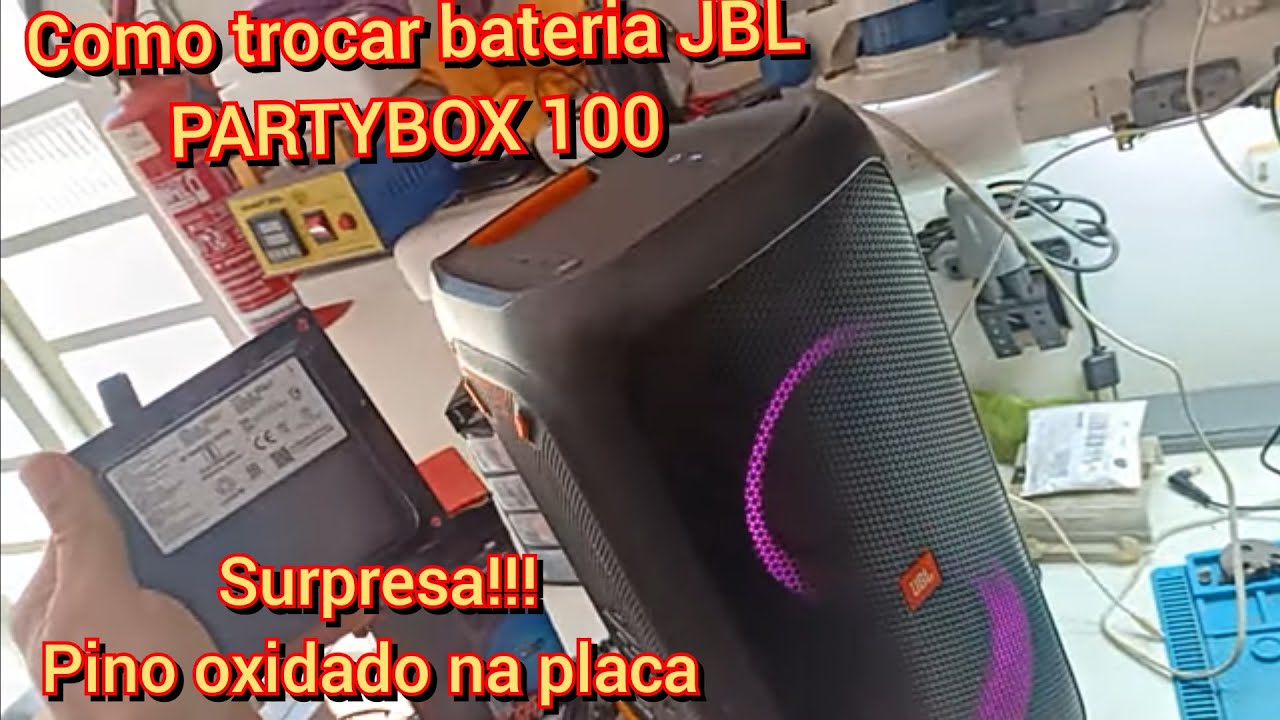 Como trocar bateria caixa de som JBL partybox 100, desligava sozinha, ⚡🔋