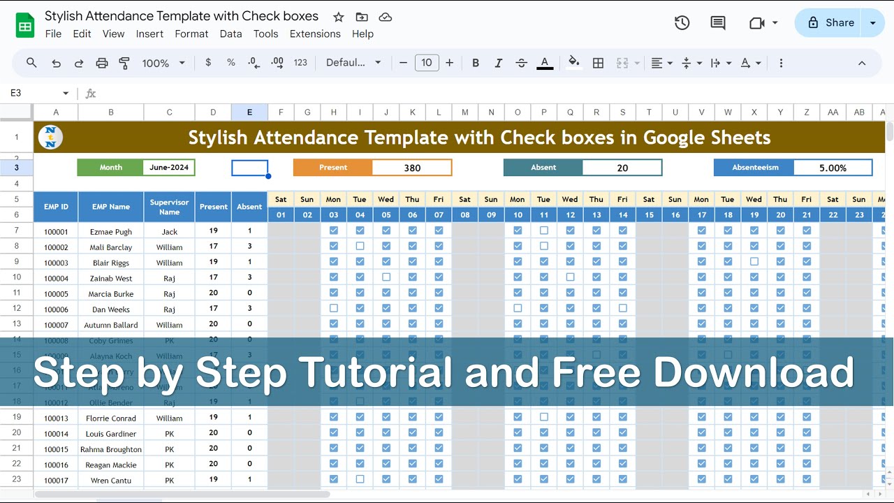 Dynamic Monthly Attendance Template in Google Sheets with Check Boxes &ndash; FREE Download