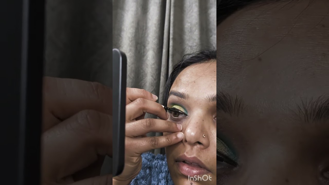 Green shimmery eye make-up #wingliner #goldenshimmer #eyelenses #eyemakeup 