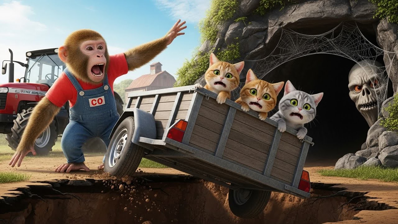Monkey CO Drives the Excavator to Rescue the Tabby Cat from Spider Web on Halloween 🐒