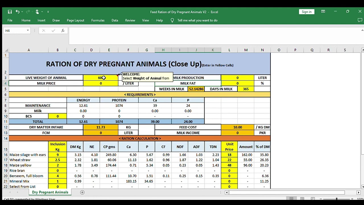 Feeding of Dry Pregnant Animal by excel sheet method