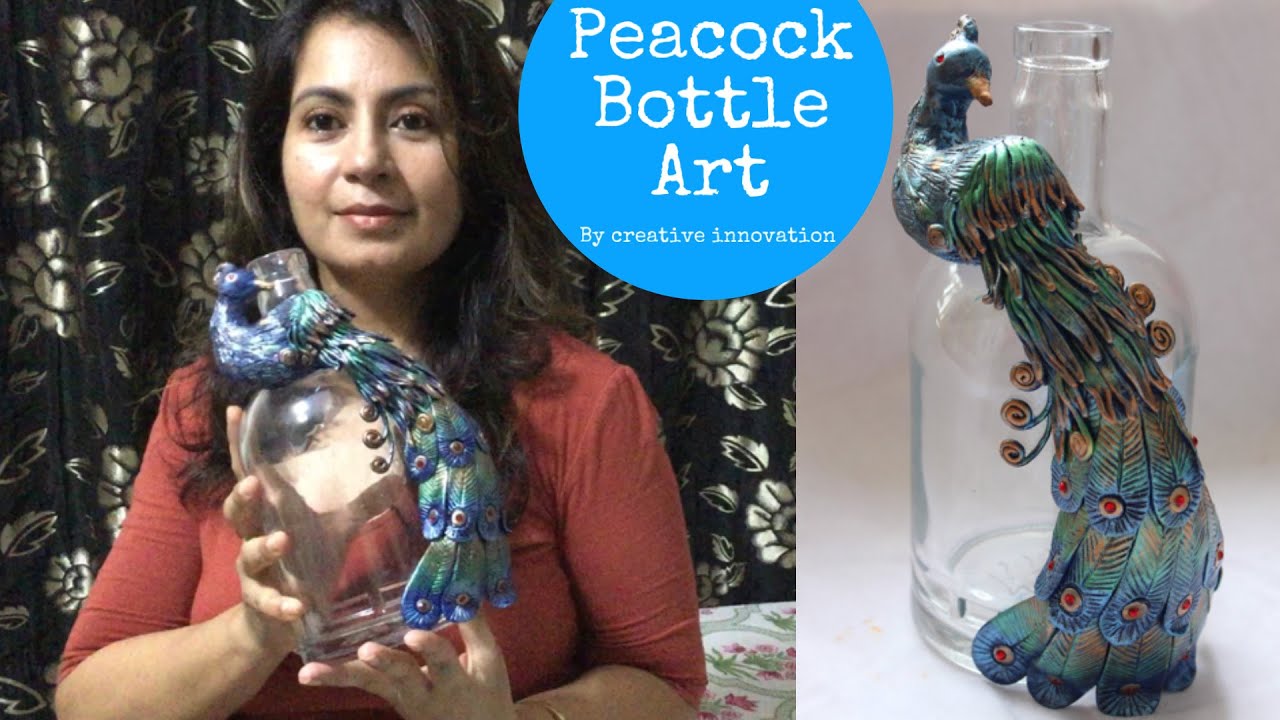 Peacock Bottle Art/ Clay Peacock On Bottle