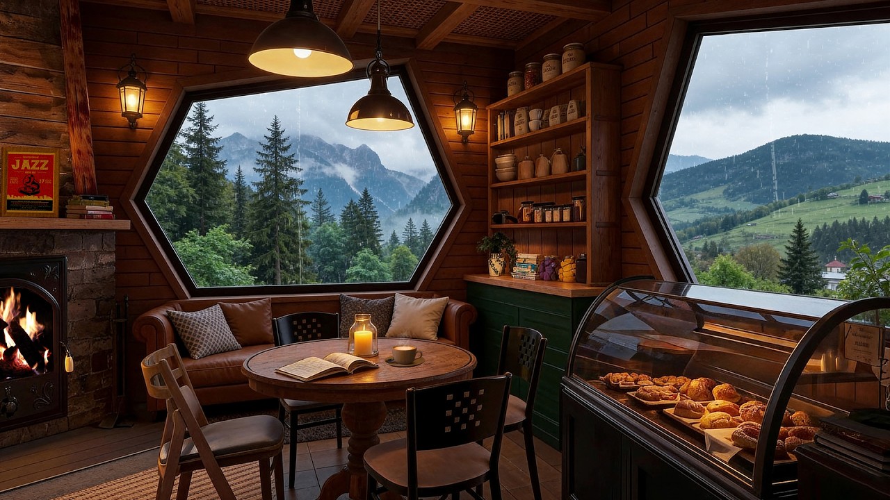 Rainy Mountain Coffee Cabin with Smooth Jazz Music for Deep Focus, Study and Relaxing Fireplace