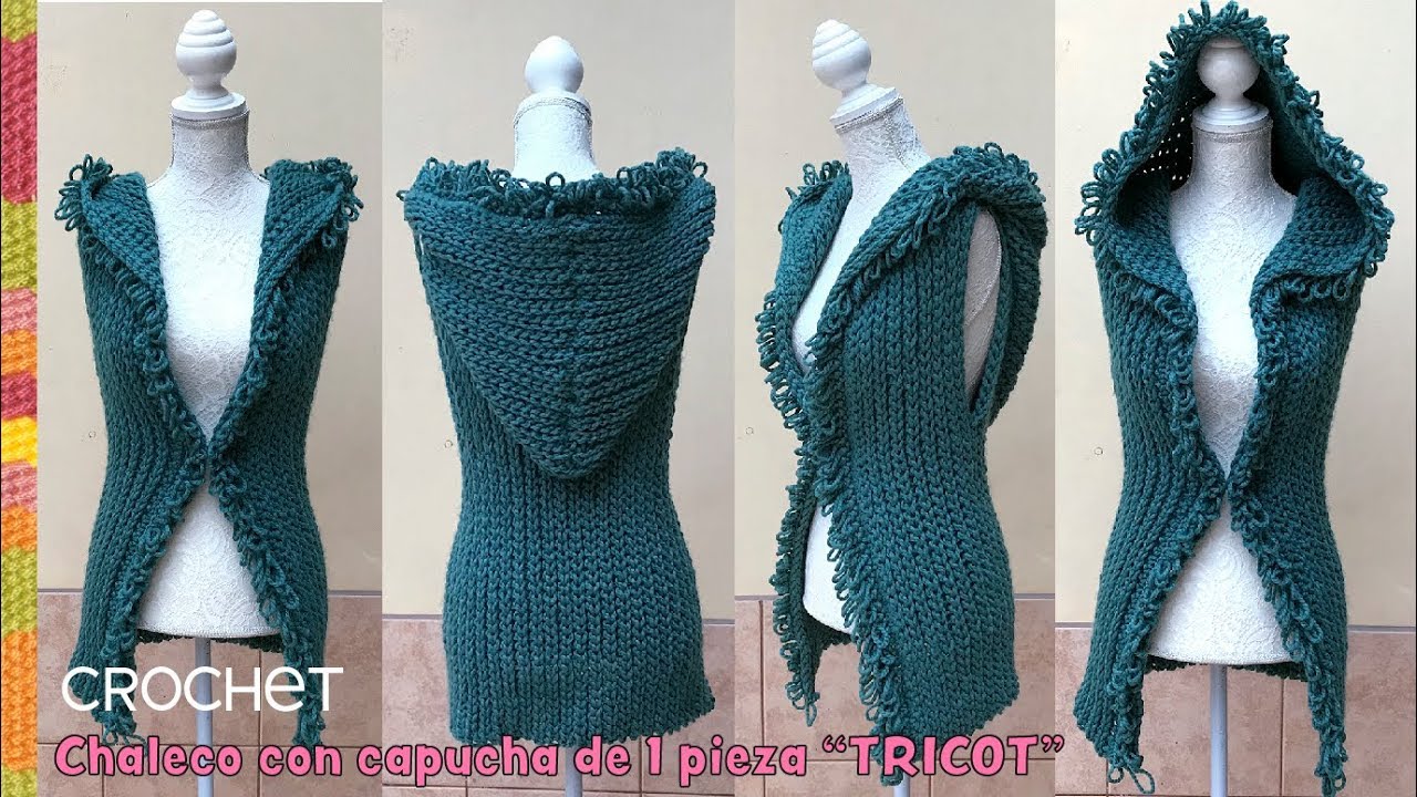 Chaleco con capucha de UNA pieza tejido a crochet en 