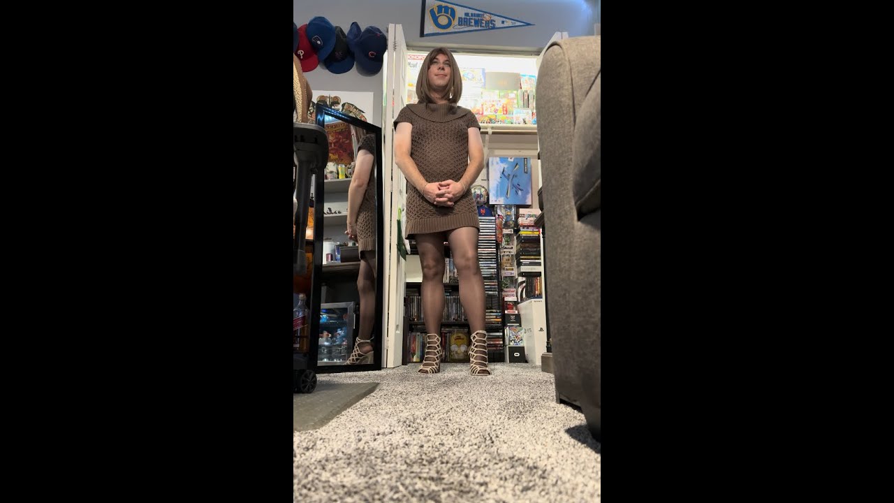Crossdresser Kayla ~ Floor View all brown Outfit - Wolford satin touch 20 pantyhose & heels/ boots