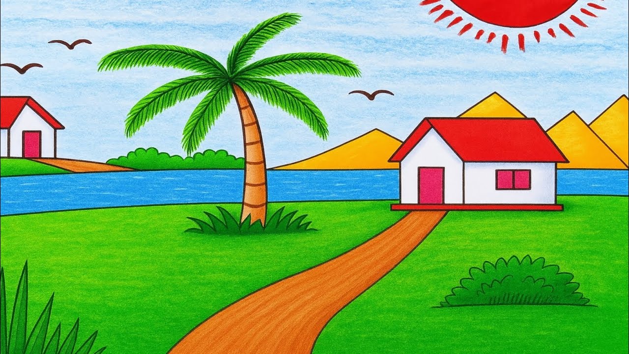 Simple Village Scenery Drawing | Easy Village Drawing for Beginners | Step by Step Tutorial