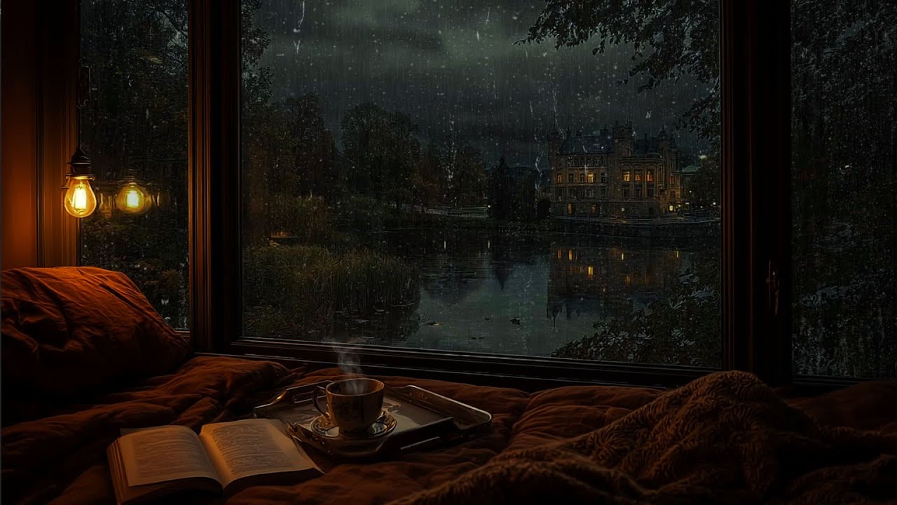 No Ads | Rain, Thunder - Cozy Fireplace at Lakeside Cabin Window | Heal, Study, Sleep & Relax
