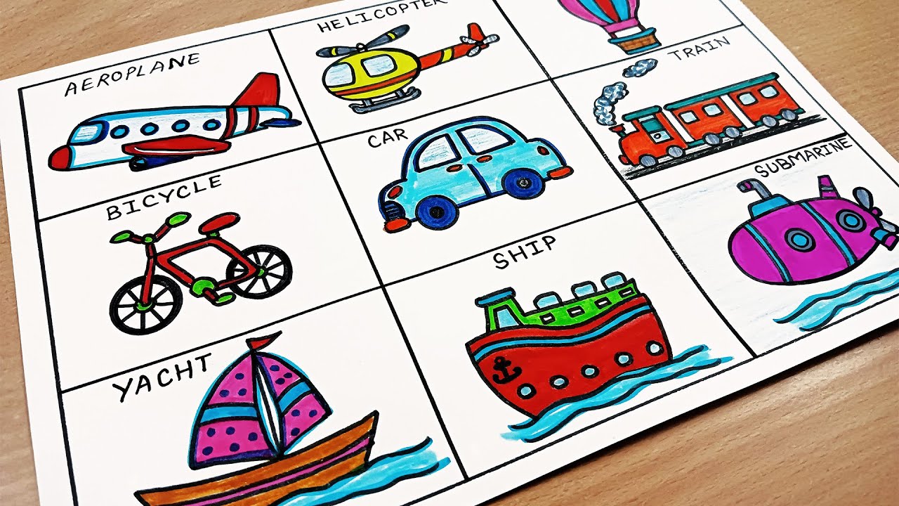 Vehicles Drawing for kids | Drawing of Transportation For Kids | Means of Transport Drawing Easy