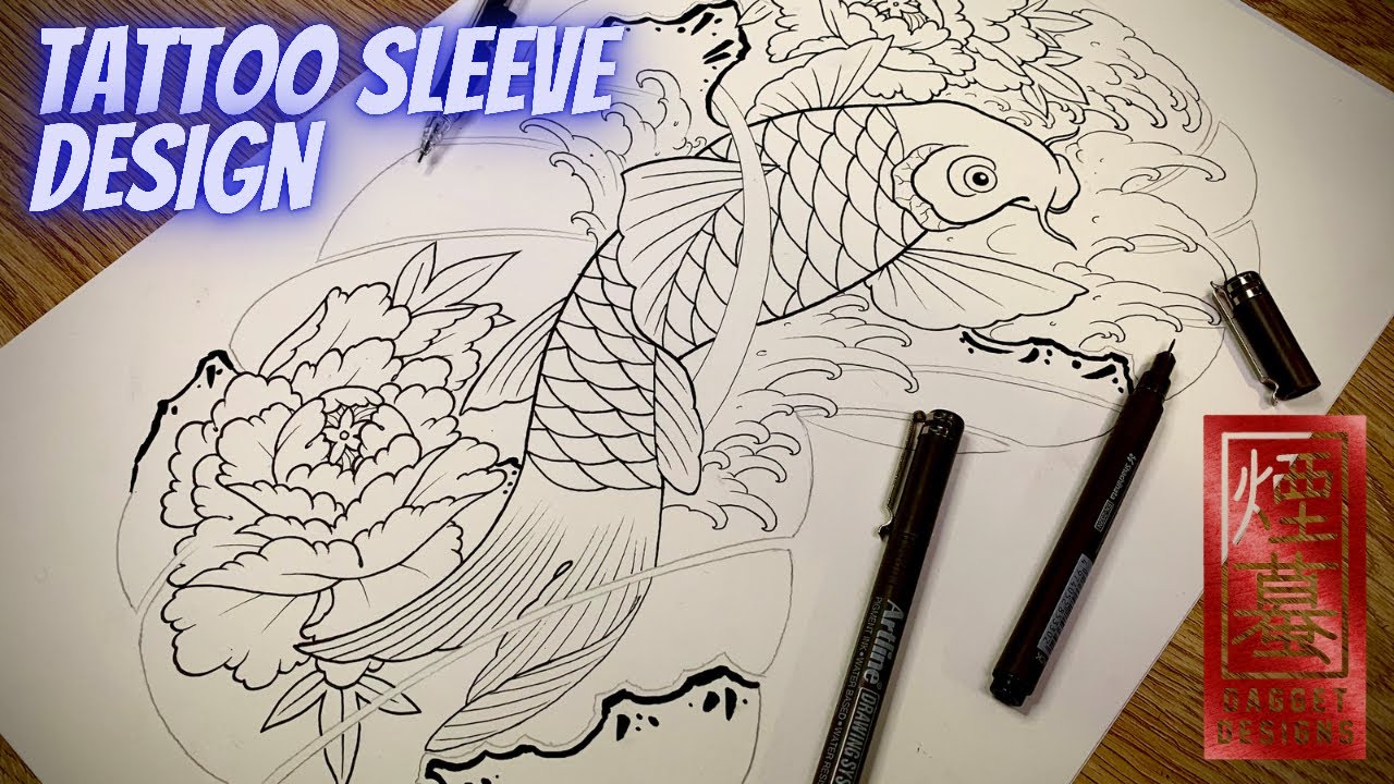 Рисование эскиза татуировки-рукава (традиционная японская татуировка с рыбой кои)