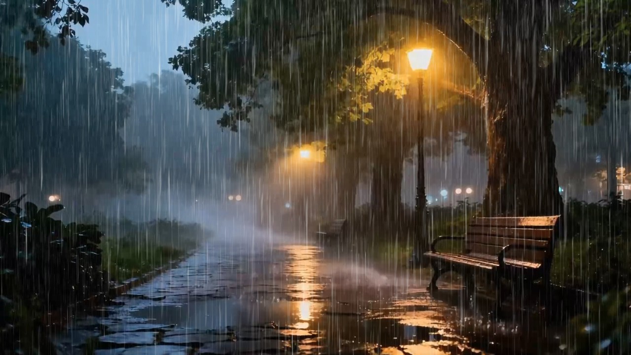 Heavy Rain Sounds at Night Through Silent City Park Palm Court for Anxiety Relief | Soft Rain ASMR