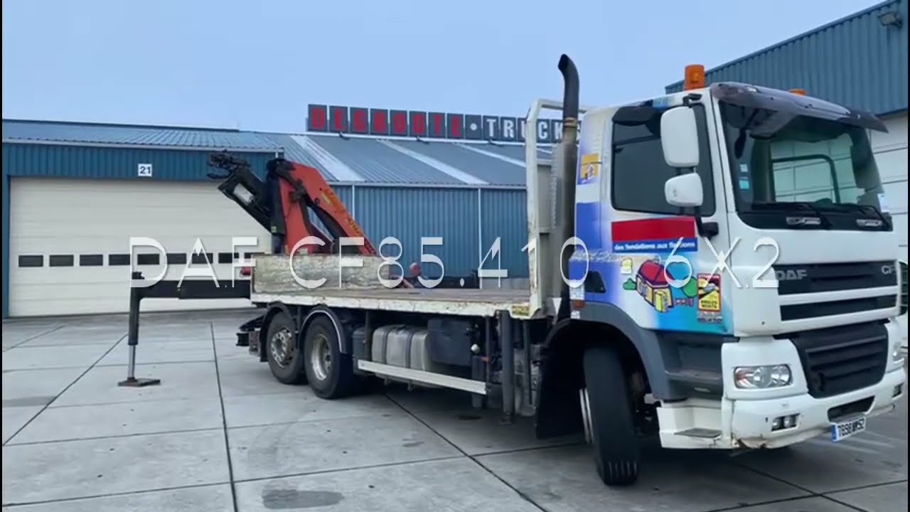 Degroote Trucks: DAF CF85.410 - 6x2 stake body truck with Palfinger crane for sale