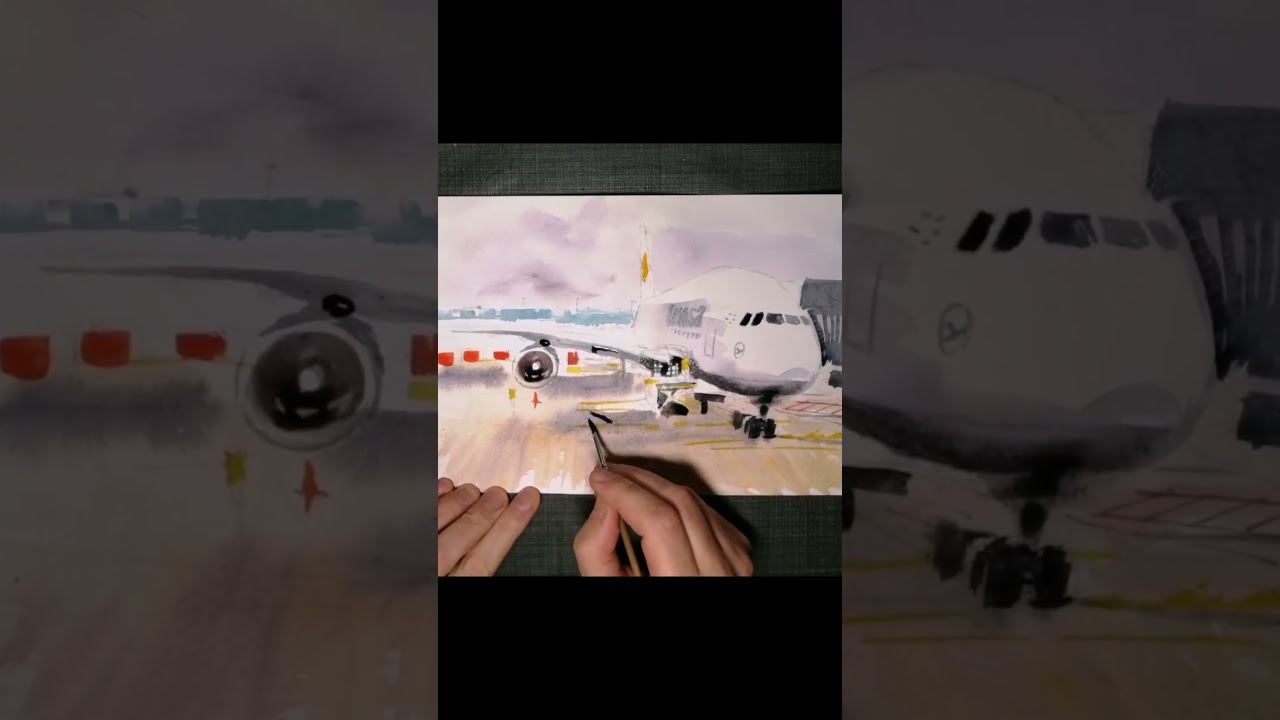 #Frankfurt am Main Flughafen, Rollfeld, #Airport #watercolor, #aquarell in progress, #tutorial 法兰克福