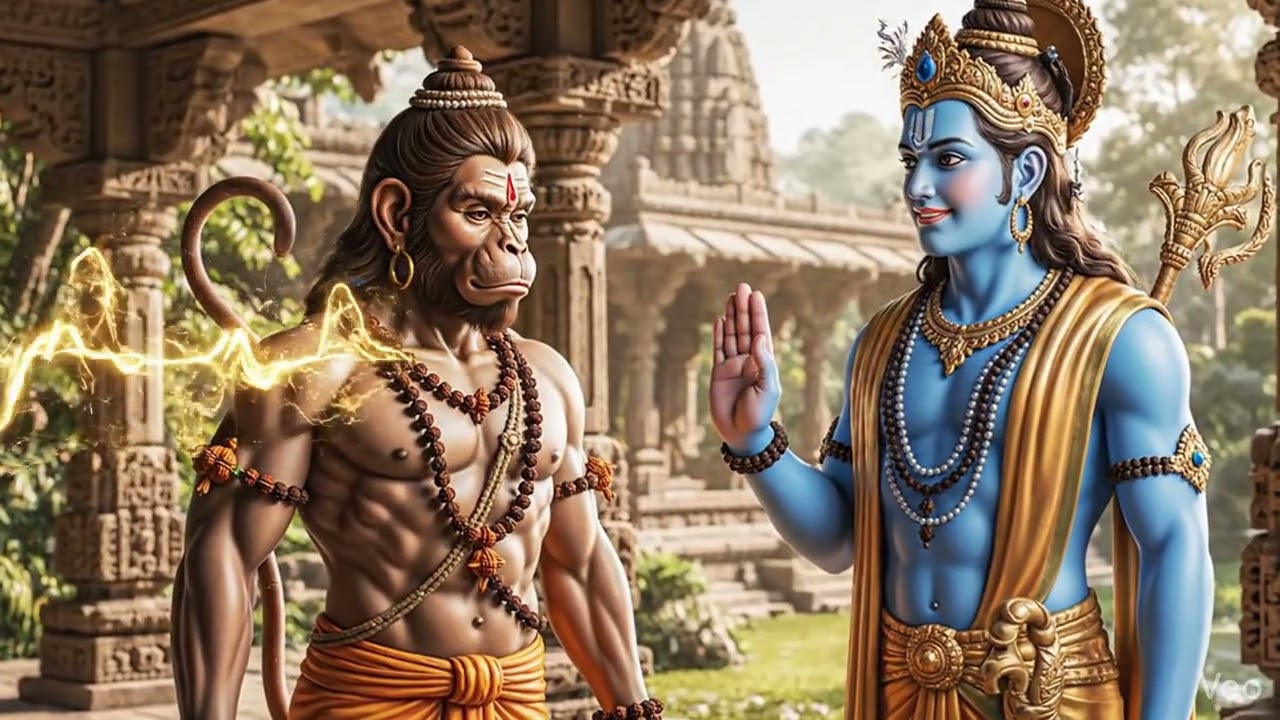 Lord Vishnu is bestowing blessings upon the Lord Hanuman
