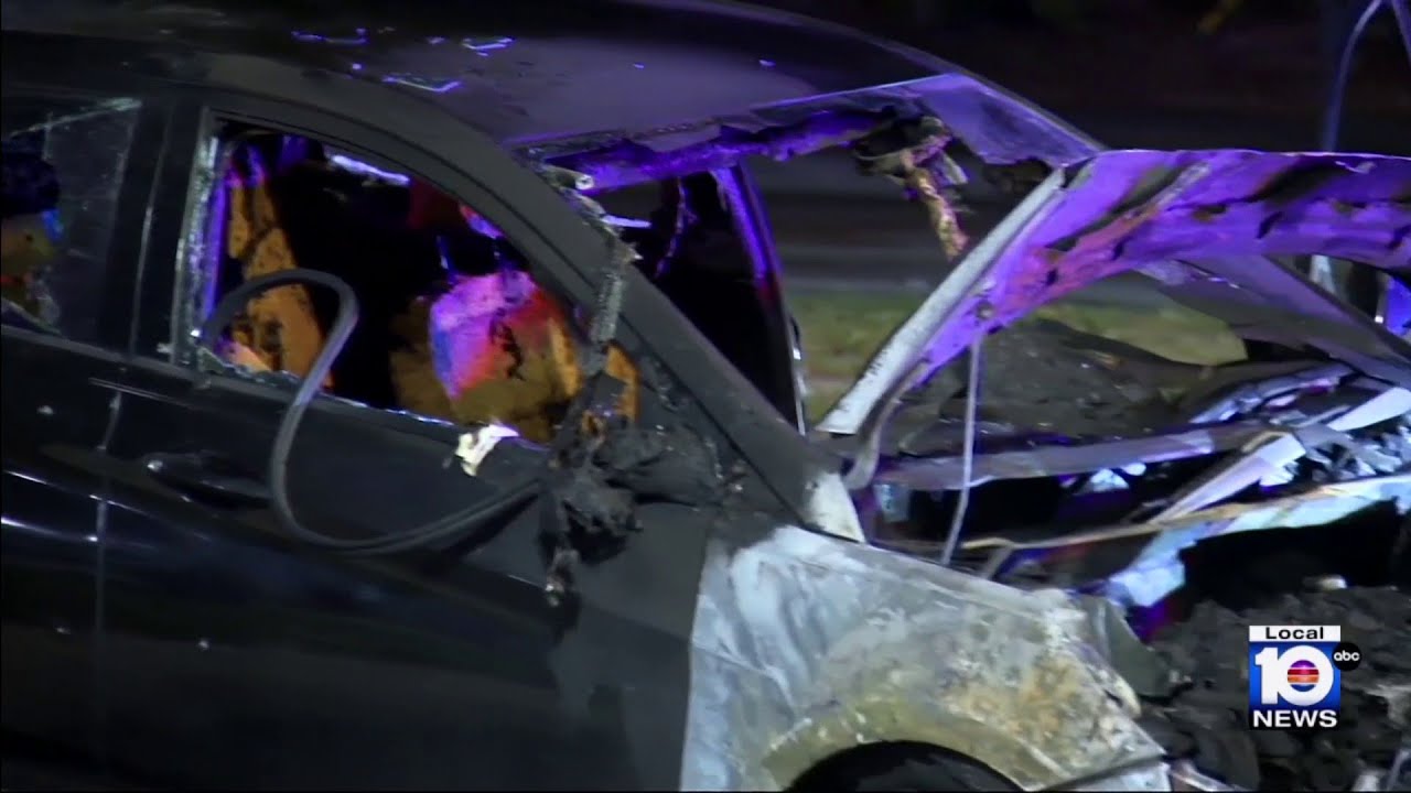 Car shot up in Miami Gardens before crashing into pole