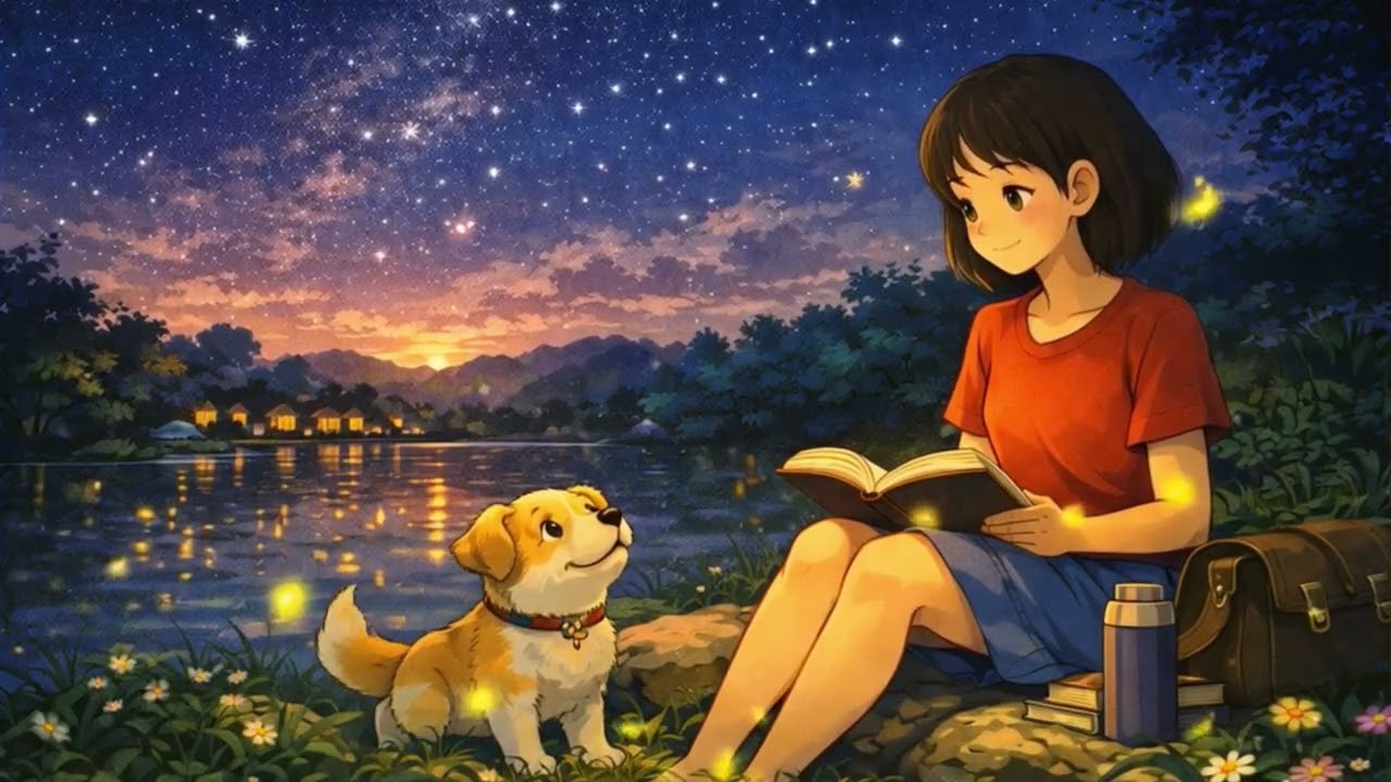 4 -Hours Study With Me | Ghibli Night by the Lake | Fireflies, Stars & Calm Focus  #piano #music