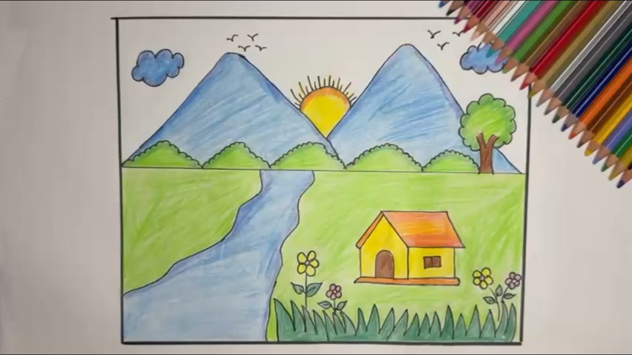Nature with Home Drawing DIY | Easy Scenery Drawing Step by Step | Beautiful House in Nature Art