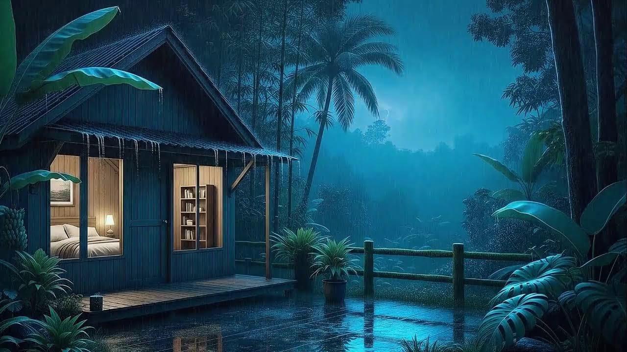 Heavy Rain and Low Thunder Quiet Mind for Sleep in a Hidden Tropical Cabin 🌧️