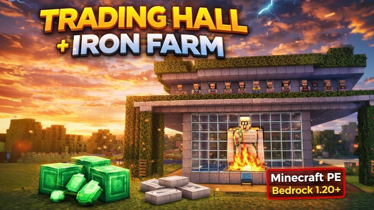 From ZERO to MAX Gear with This Trading Hall + Iron Farm! 😱 (Minecraft Bedrock PE)