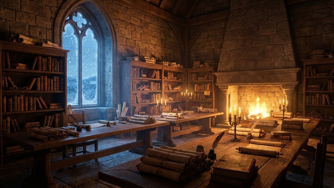 Medieval Library Ambience | 2 Hours of Deep Focus Music & Fireplace Sounds | Winter Snow