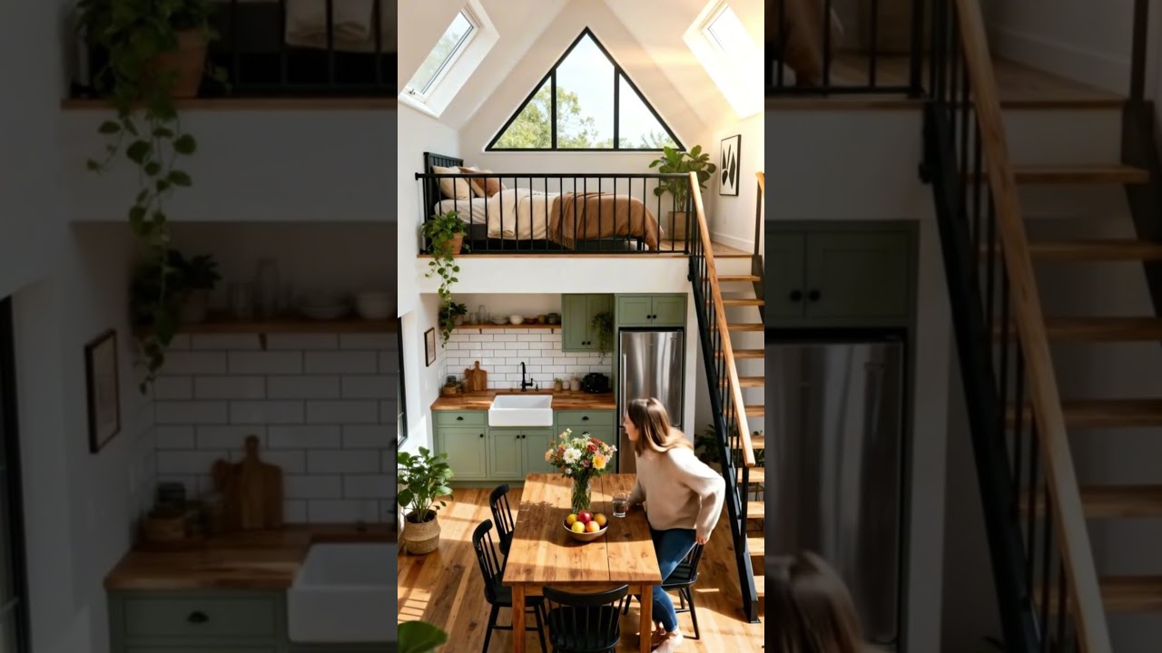 Modern A-Frame Loft with Green Kitchen &ndash; Cozy Tiny Home Design 🌿🏡
