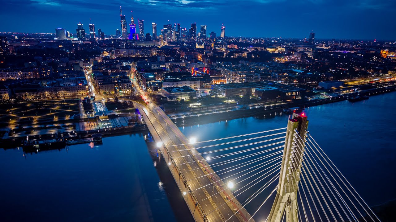 Warsaw at nigth, Holy Cross Bridge - drone view
