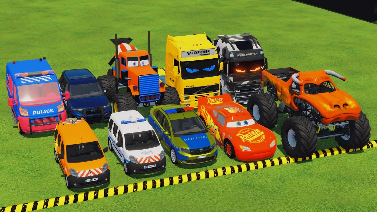 TRANSPORTING POLICE CARS, MONSTER TRUCK, FIRE TRUCK, COLORFUL CARS WITH TRAIN - FS22 #191