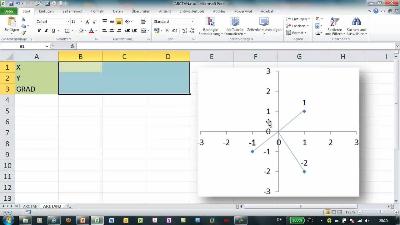 Excel - Steigungswinkel mit Arkustangens - ARCTAN, ARCTAN2 und GRAD