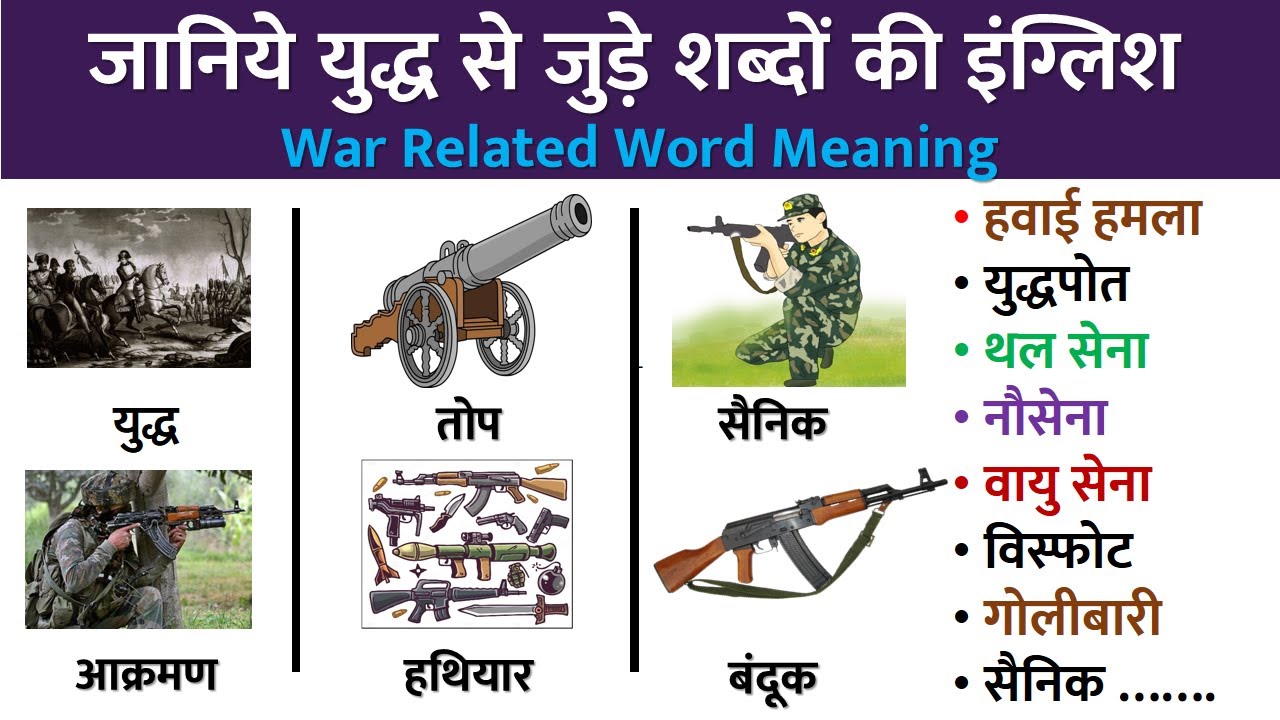 युद्ध से जुड़े शब्दों की इंग्लिश / War Related Word Meaning War Related Vocabulary युद्ध संबंधित शब्द