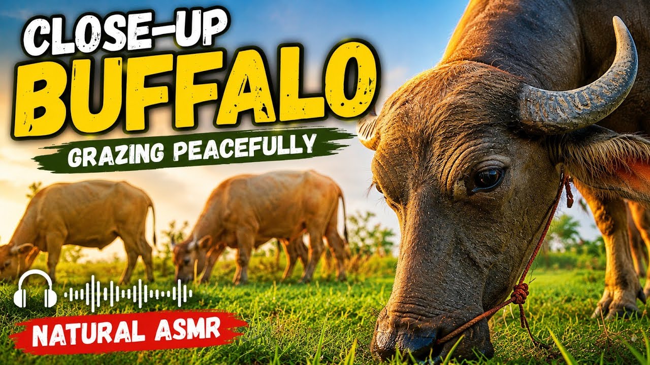 Close-Up Buffalo Grazing Peacefully | Natural ASMR #BuffaloGrazing #ASMRNatureSounds #CloseUpAnimals