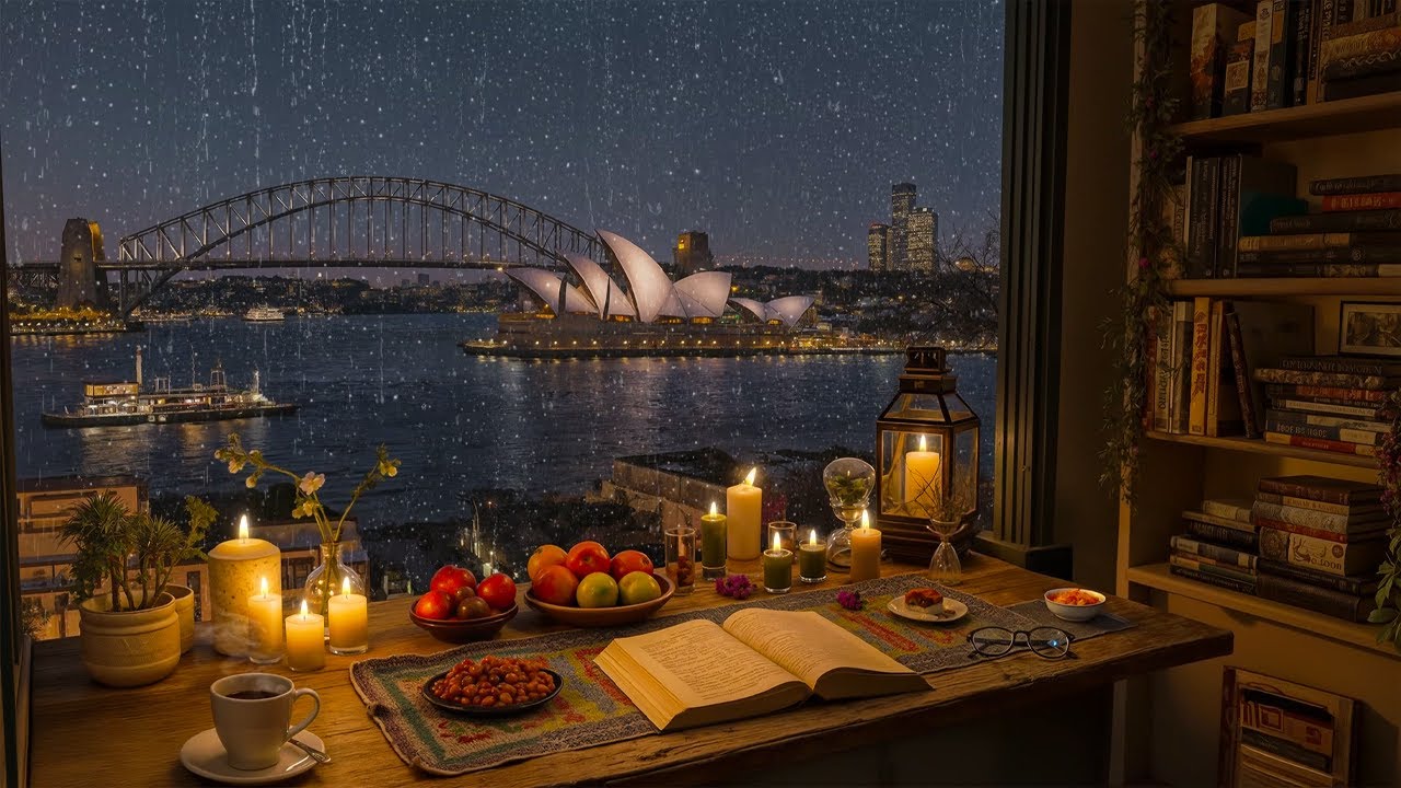 Smooth Jazz Piano & Rainy Sydney Harbour 🌧️ Warm Night Ambience for Study