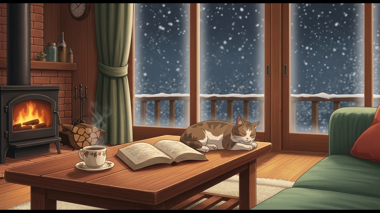 Quiet Snowfall Outside Cozy Cabin Fireplace ❄️ Soothing Lofi Music for Focus & Rest