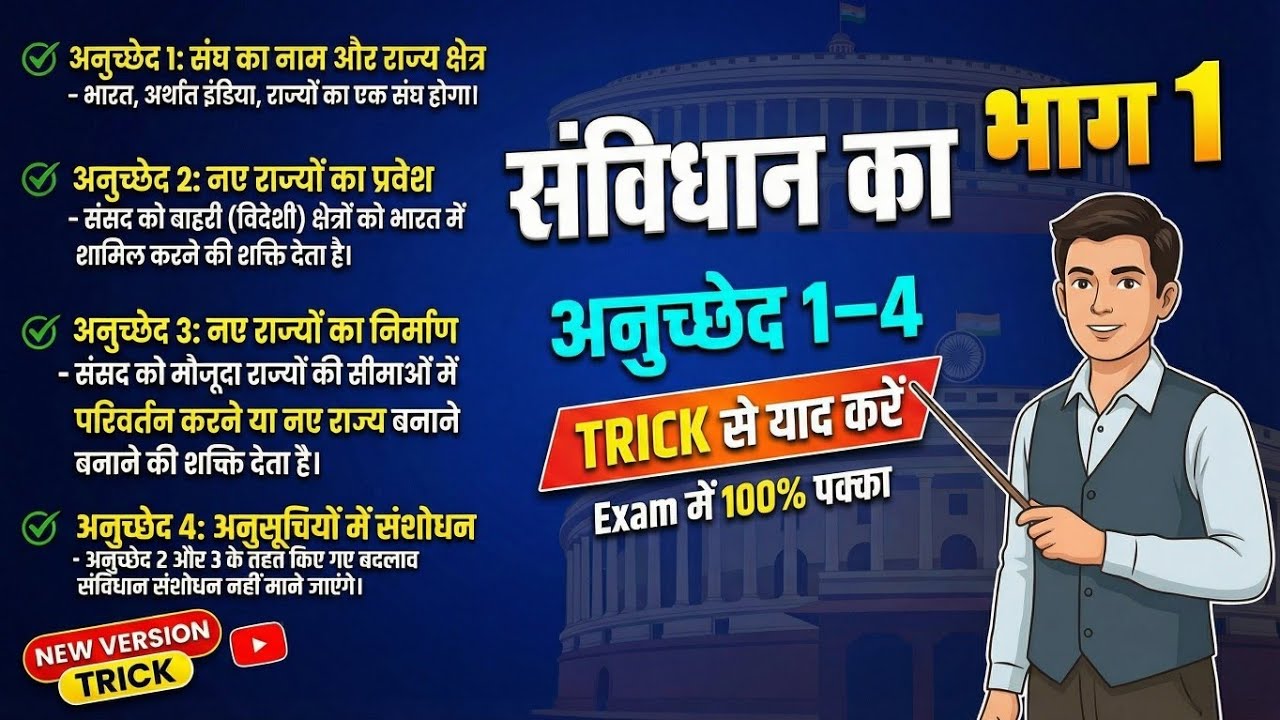 📘 संविधान का भाग 1 (अनुच्छेद 1-4) | Exam में 100% पक्का | New Version Trick