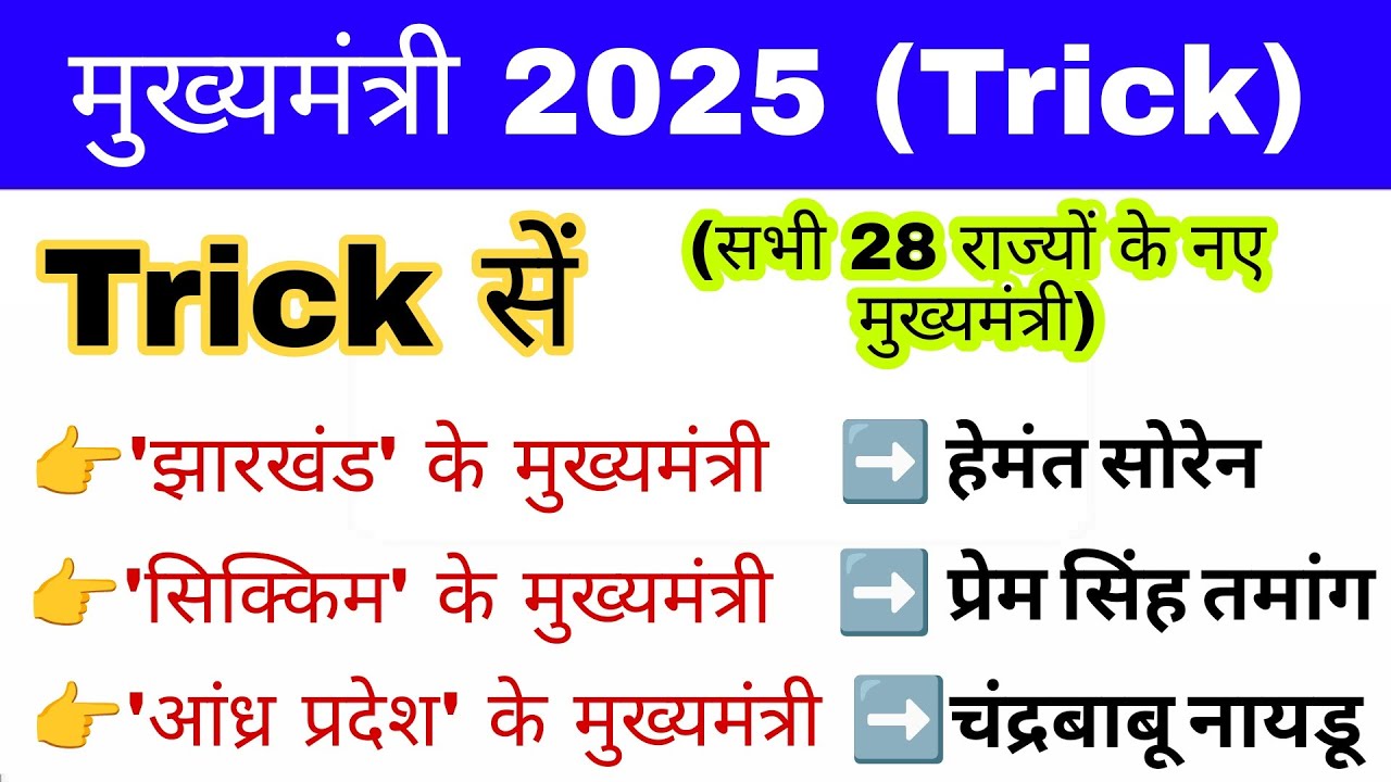 28 राज्यों के मुख्यमंत्री 2025 Trick | Mukhyamantri 2025 Trick | New chief minister 2025 | SSC GK