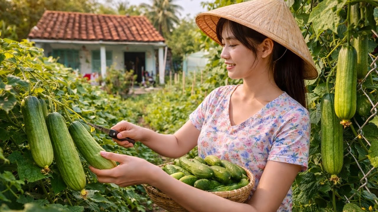 Thư giãn với buổi chiều quê yên ả: cắt dưa leo – hái rau-ngắm đàn gà uống nước,nghe mà thấy nhẹ lòng
