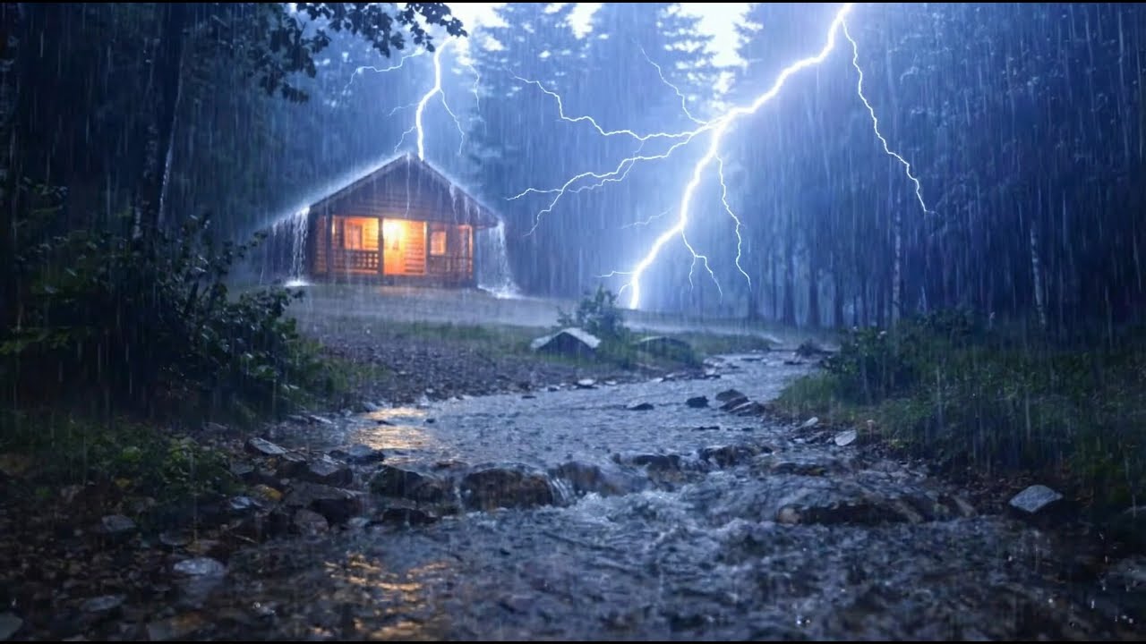 Forest Cabin Thunderstorm at Night 🌙 Heavy Rain & Thunder for Deep Sleep