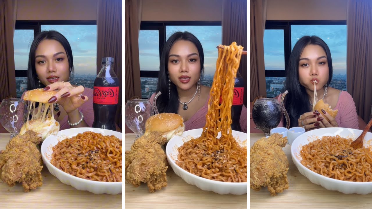 Я съем острую лапшу, жареную курицу и чизбургер #булдак #остраялапша #бургер #жаренаякурица #кола