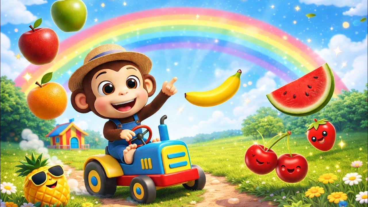 Learn Fruits Names with Monkey | Fruits Name Learning for Kids | Cute Monkey Tractor Ride