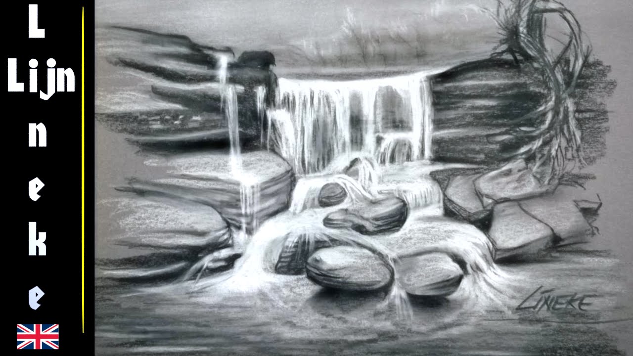 Easy WATERFALL for beginners Charcoal drawing