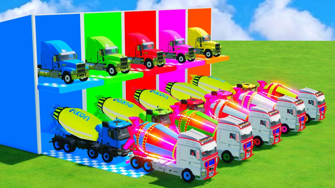 Garage with Colors - ALL MIXER TRUCK WITH DOUBLE FLATBED TRAILER TRUCK, SCANIA, MERCEDES, IVECO - FS