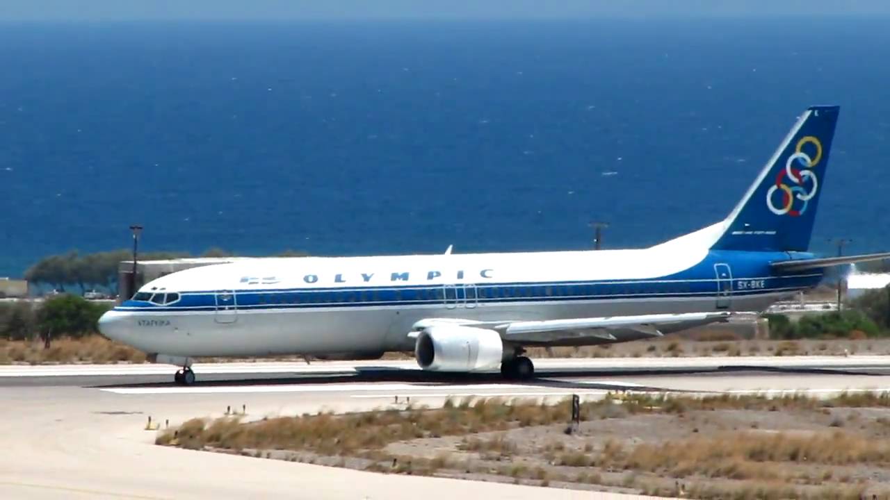 Olympic 737-400 Landing JTR (santorini) runway 34