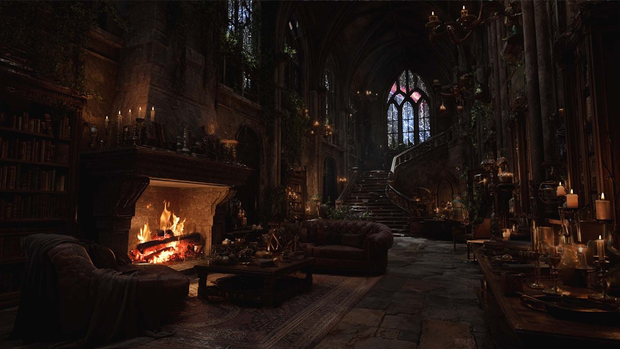 Rain & Thunder in a Victorian Castle Library — Cozy Fireplace Ambience for Deep Sleep & Relaxation
